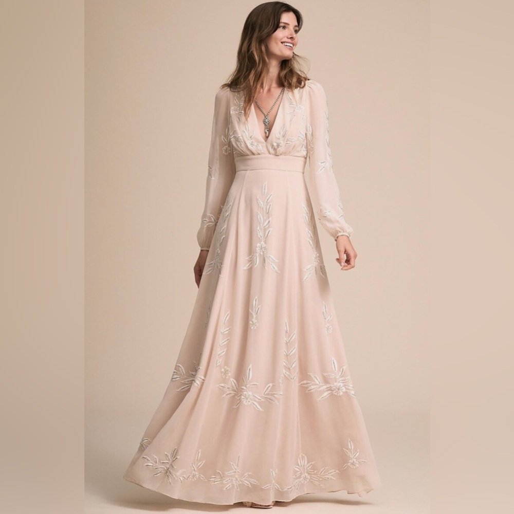 BHLDN Belize Embroidered A-Line Long-Sleeve V-Neck Gown size 16 run small 10-12